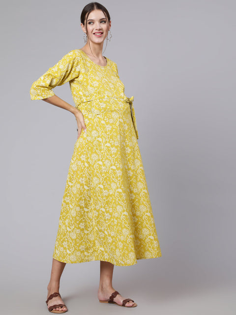 Women Green Ethnic Printrted Maternity Dress With Three quarter Sleeves