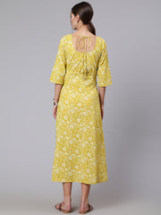Women Green Ethnic Printrted Maternity Dress With Three quarter Sleeves