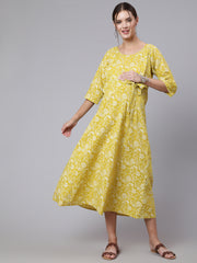 Women Green Ethnic Printrted Maternity Dress With Three quarter Sleeves