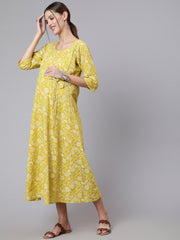 Women Green Ethnic Printrted Maternity Dress With Three quarter Sleeves