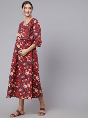 Women Maroon Ethinc Printed Flared Maternity Dress