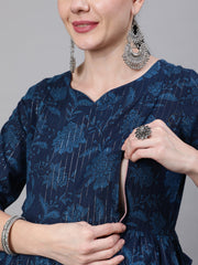 Women Navy Blue Ethinc Printed Flared Maternity Dress