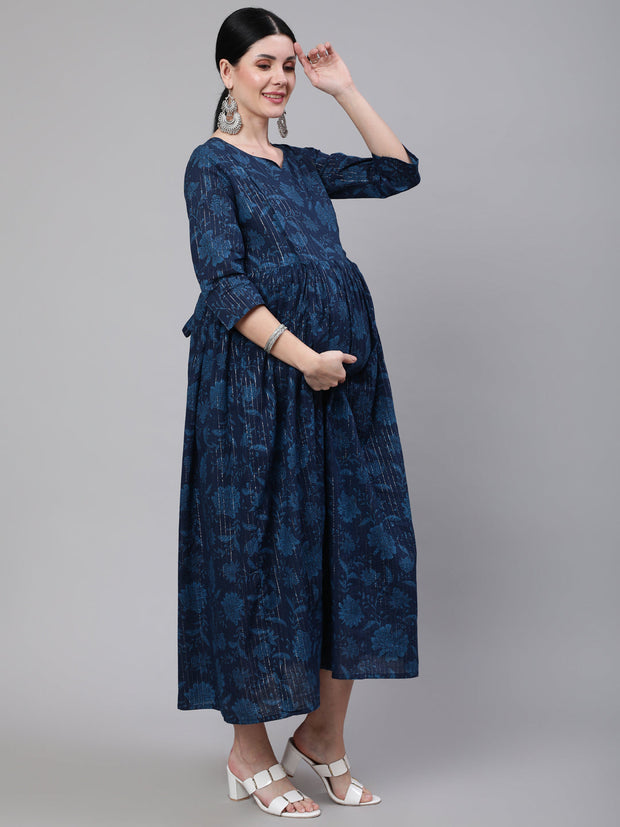 Women Navy Blue Ethinc Printed Flared Maternity Dress
