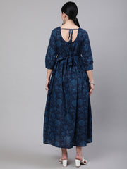 Women Navy Blue Ethinc Printed Flared Maternity Dress