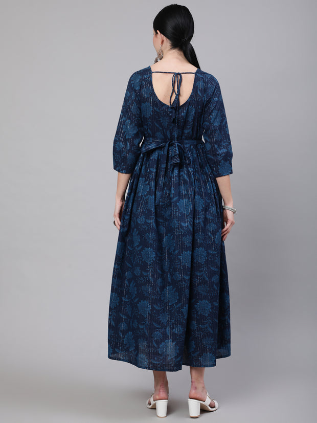 Women Navy Blue Ethinc Printed Flared Maternity Dress