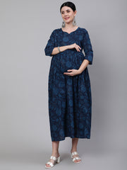 Women Navy Blue Ethinc Printed Flared Maternity Dress