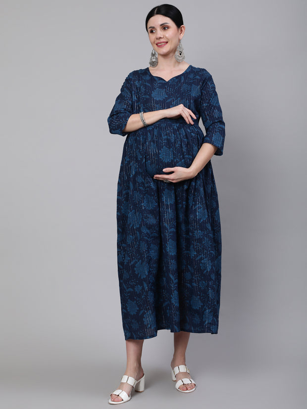 Women Navy Blue Ethinc Printed Flared Maternity Dress