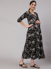 Women Black Floral Printed Flared Maternity Dress