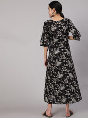 Women Black Floral Printed Flared Maternity Dress