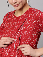 Women Maroon Printed Flared Maternity Dress