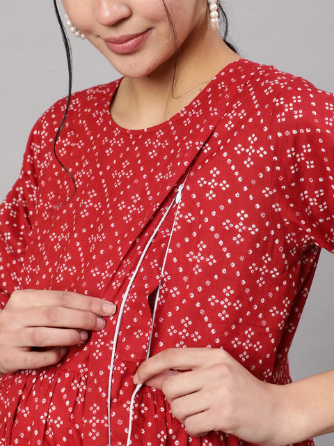 Women Maroon Printed Flared Maternity Dress
