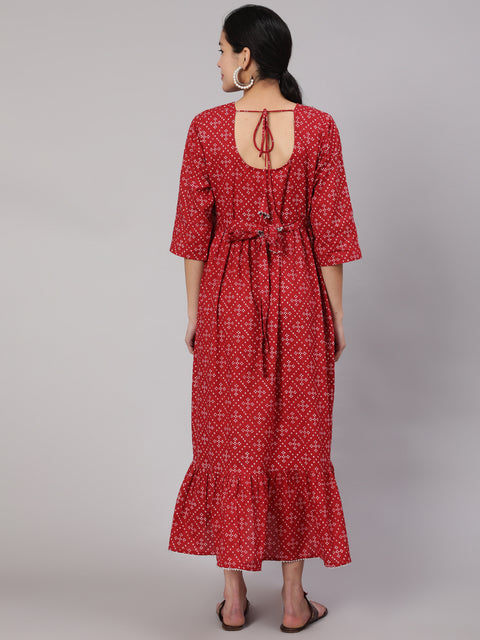 Women Maroon Printed Flared Maternity Dress
