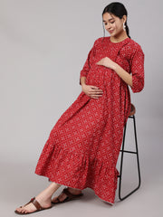 Women Maroon Printed Flared Maternity Dress