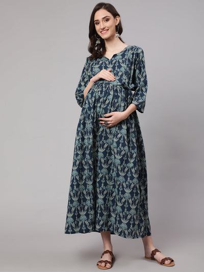 Women Blue Printed Flared Maternity Dress