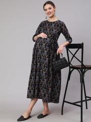 Women Black Floral Printed Flared Maternity Dress