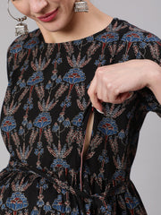 Women Black Floral Printed Flared Maternity Dress