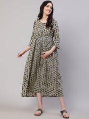 Women Beige Printed Flared Maternity Dress