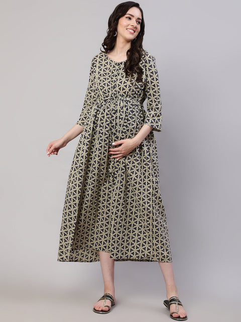 Women Beige Printed Flared Maternity Dress