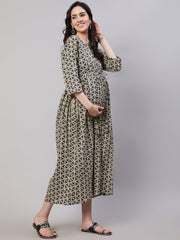 Women Beige Printed Flared Maternity Dress