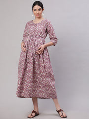 Women Levender Printed Flared Maternity Dress