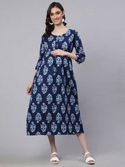 Women Blue Printed Flared Maternity Dress