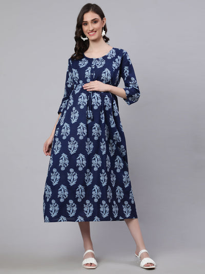 Women Blue Printed Flared Maternity Dress
