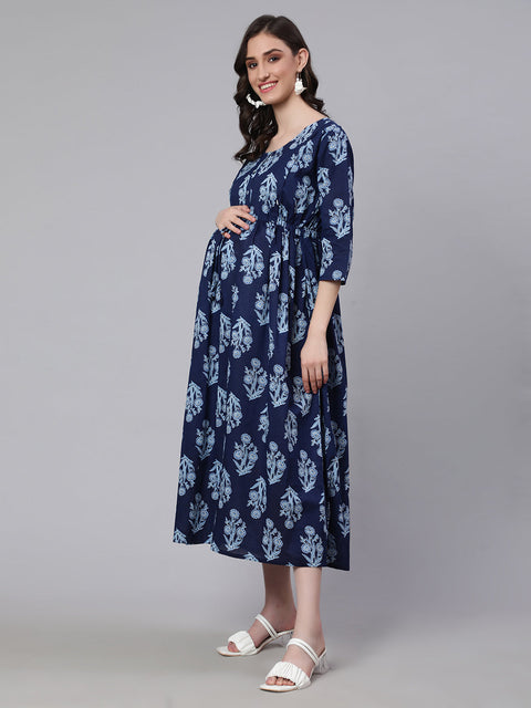 Women Blue Printed Flared Maternity Dress