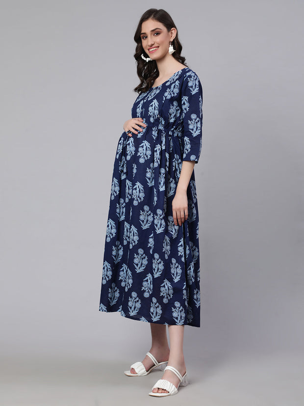 Women Blue Printed Flared Maternity Dress