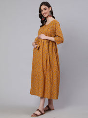 Women Mustard Printed Flared Maternity Dress