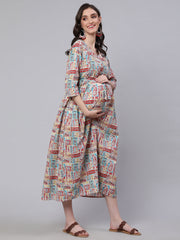 Women Multi Printed Flared Maternity Dress