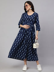 Women Blue Floral Printed Flared Maternity Dress