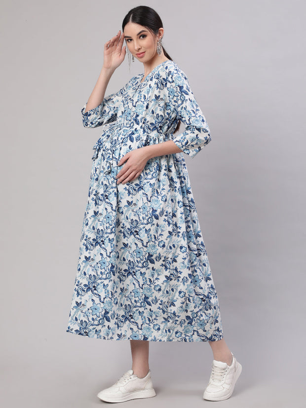 Women Off White & Blue Floral Printed Maternity Dress With Three Quarter Sleeves