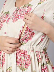 Women Off White & Blue Floral Printed Maternity Dress With Three Quarter Sleeves