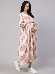 Women Off White & Blue Floral Printed Maternity Dress With Three Quarter Sleeves