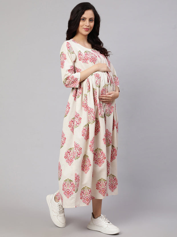 Women Off White & Blue Floral Printed Maternity Dress With Three Quarter Sleeves