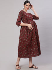 Women Maroon Printed Flared Maternity Dress