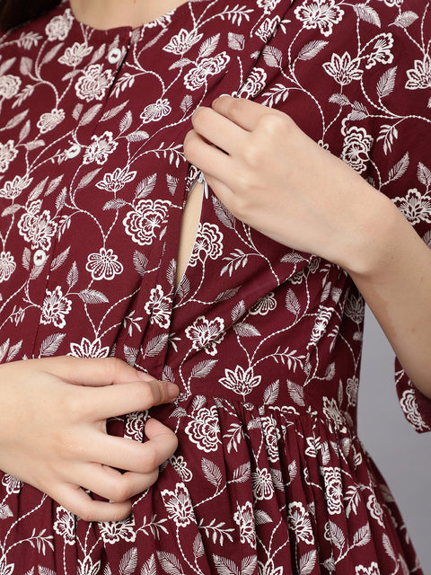 Women Burgundy Printed Flared Maternity Dress
