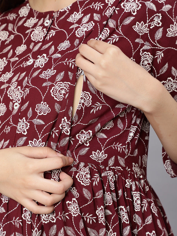 Women Burgundy Printed Flared Maternity Dress