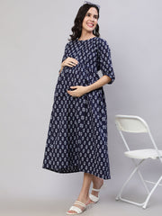 Women Navy Blue Printed Flared Maternity Dress