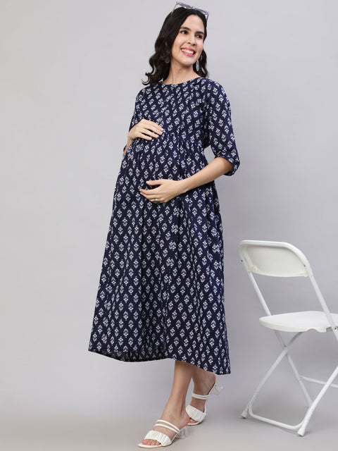 Women Navy Blue Printed Flared Maternity Dress