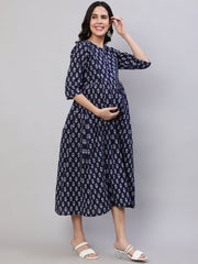 Women Navy Blue Printed Flared Maternity Dress
