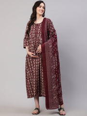 Women Burgundy Printed Flared Maternity Dress Dupatta