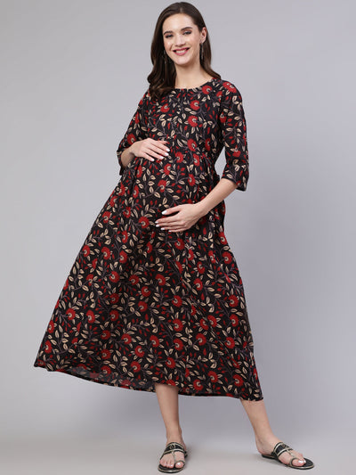 Women Black Floral Printed Flared Maternity Dress