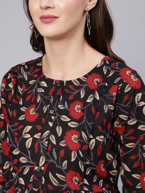 Women Black Floral Printed Flared Maternity Dress