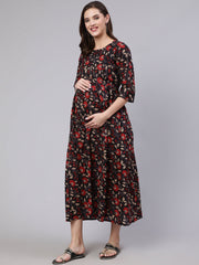 Women Black Floral Printed Flared Maternity Dress