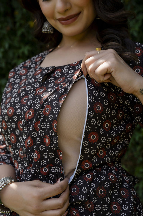 Women Black Floral Printed Flared Maternity Dress