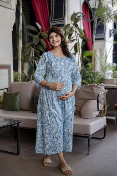 Women Blue Printed Flared Maternity Dress