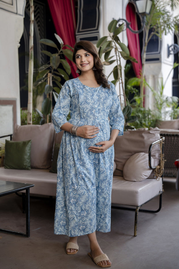 Women Blue Printed Flared Maternity Dress