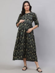 Women Black Printed Flared Maternity Dress