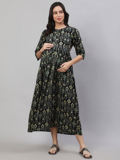 Women Black Printed Flared Maternity Dress